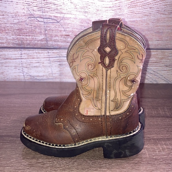 Pre Owned Little Girls Justin Brown Leather Square Toe Western Boots Size 8.5 D - Picture 3 of 12
